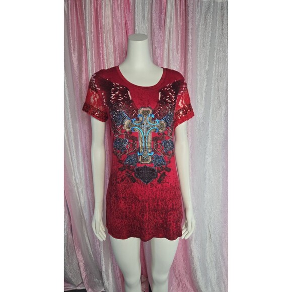 Angels & Diamonds Red Lace Bling Rhinestone Cross Wings Top Size XL - Picture 2 of 12